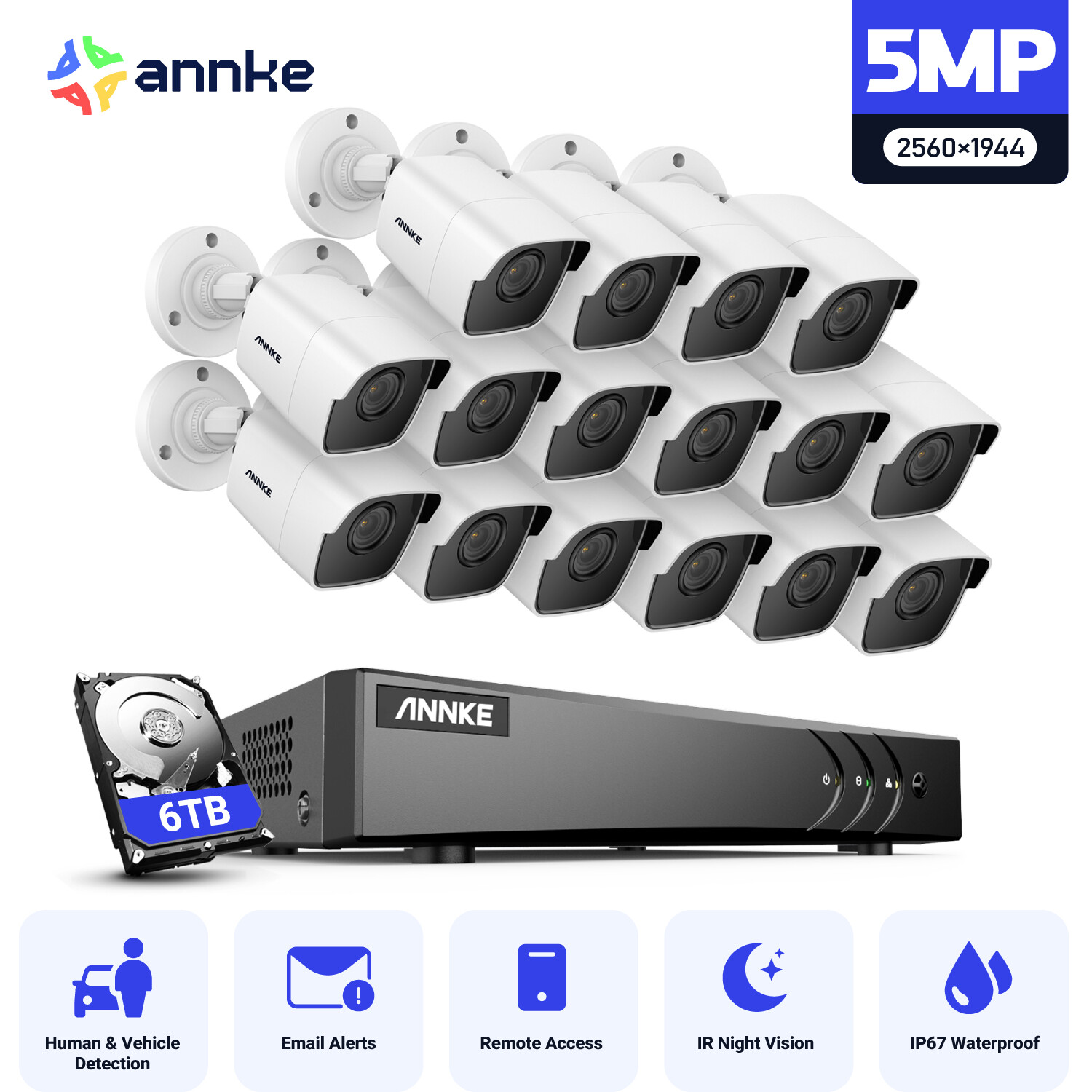 ANNKE 5iN1 16CH DVR 5MP Outdoor Security Camera System AI Human Detection IP67