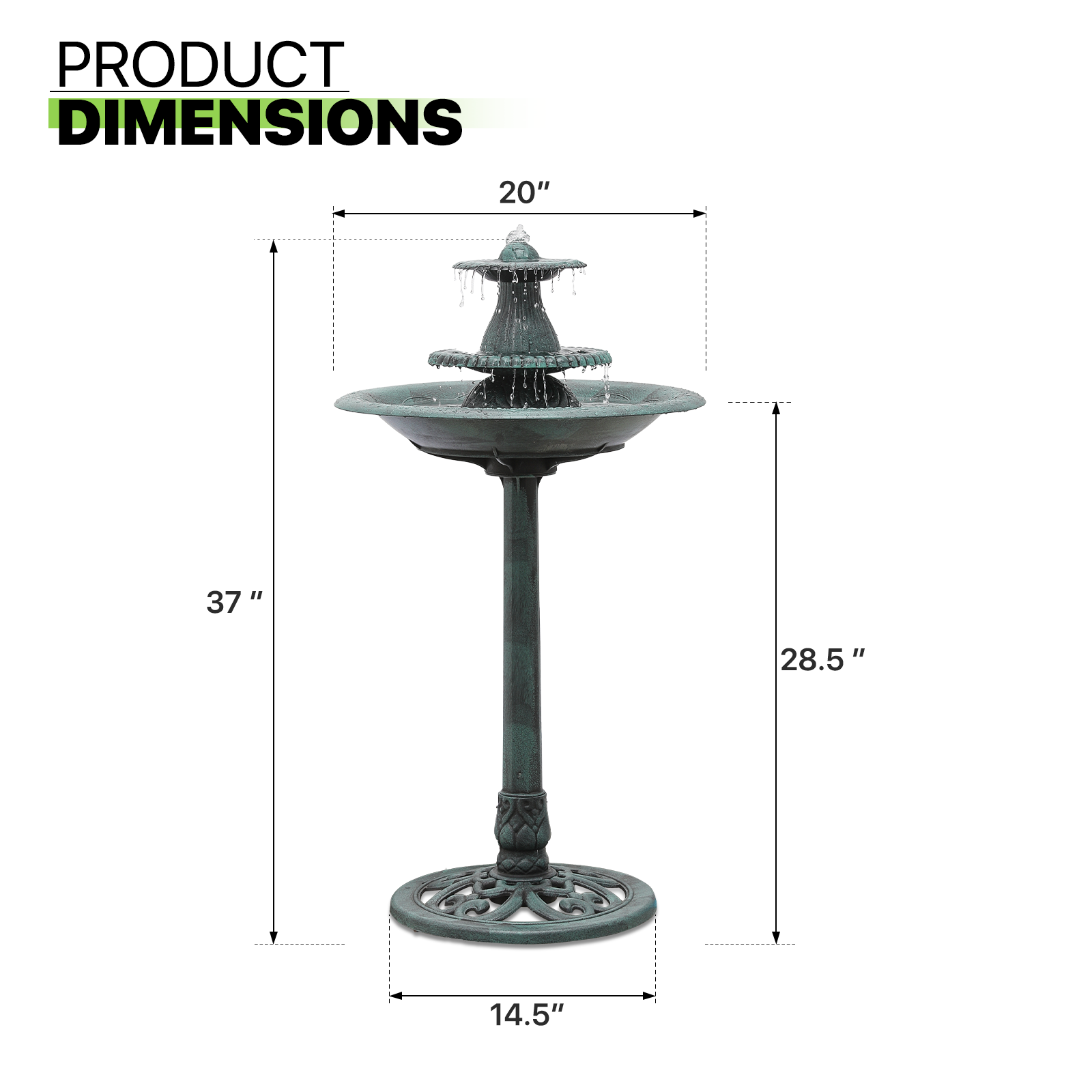 35" Tall Pedestal Outdoor Fountain Electric Birdbath Garden Patio Backyard Décor