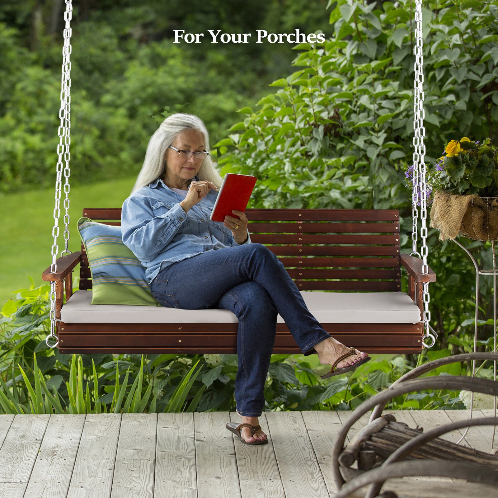 5 FT Heavy Duty 880 LBS Patio Wooden Porch Swing Outdoor with Extra Cushions