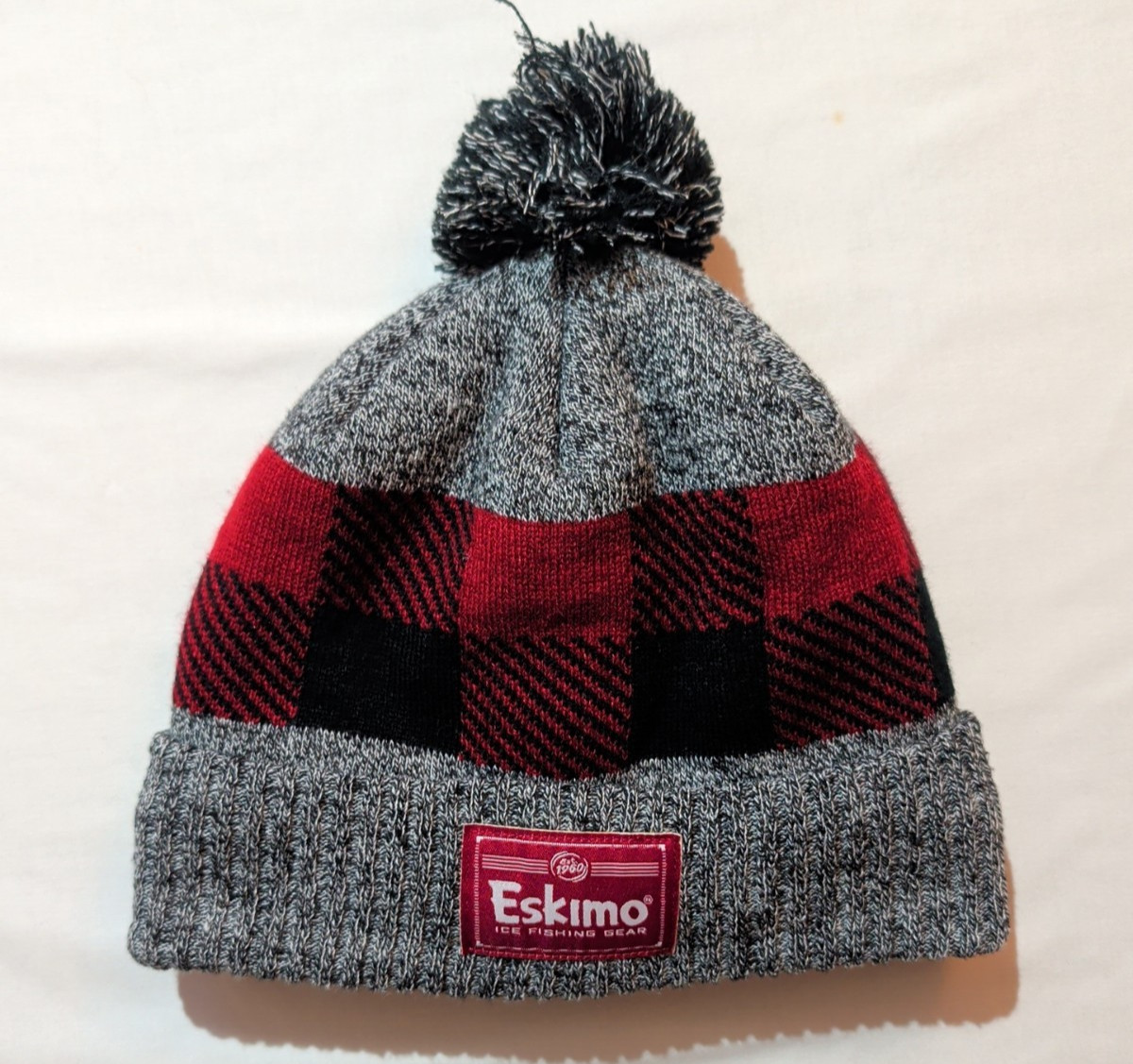 Eskimo Ice Fishing Knit Beanie Adult Gray Red Fleece Lined Winter Hat Pom