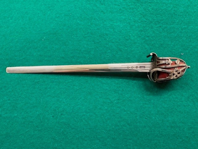 QUALITY SCOTTISH STERLING SILVER BASKET HILT SWORD LETTER OPENER, 1902-3 (792)