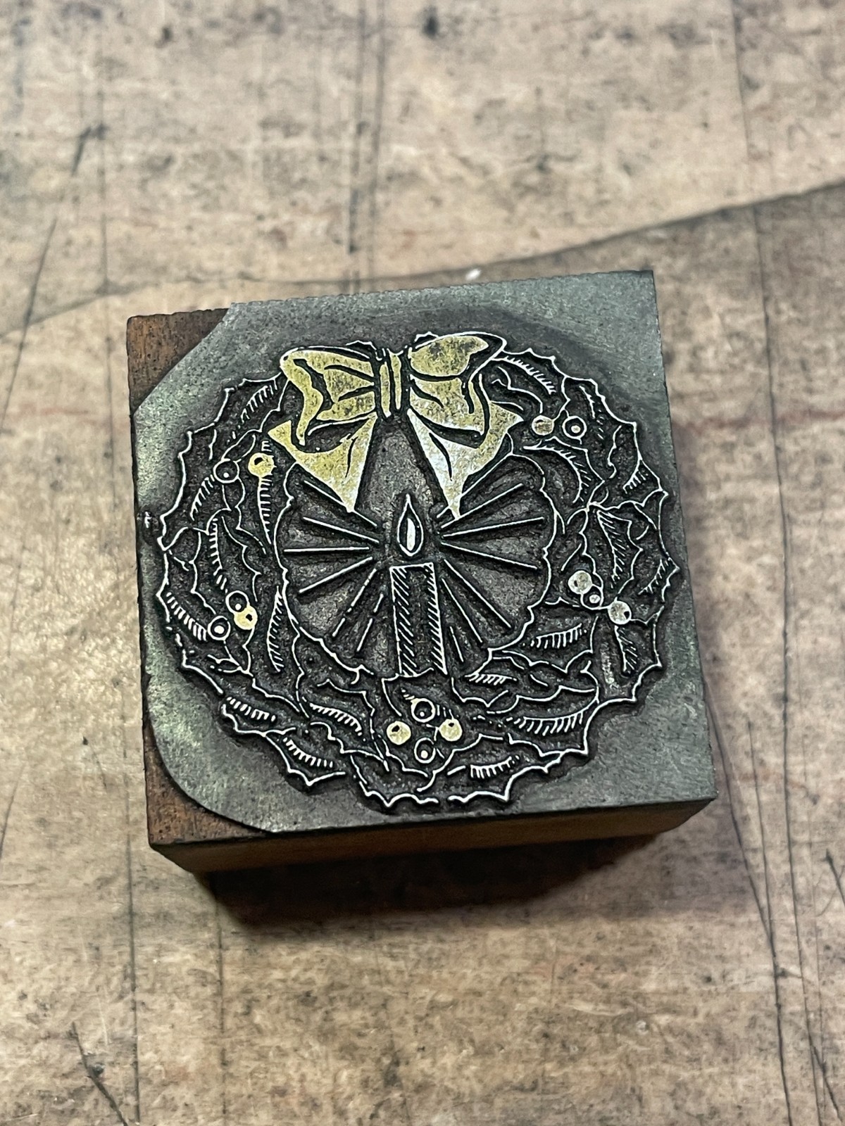 Printing Letterpress Printers Block Christmas Wreath With Bow And Candle (1357)
