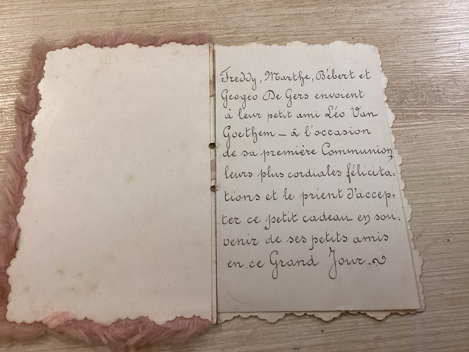 Beautiful French 1 St Communion Card Ribbon Bow Cross Glitter