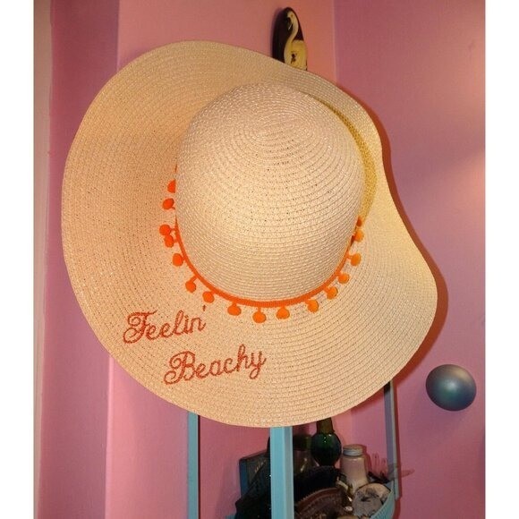 Vintage Feelin' Beachy Ivory Woven Sun Hat with orange pom pom fringe pinup