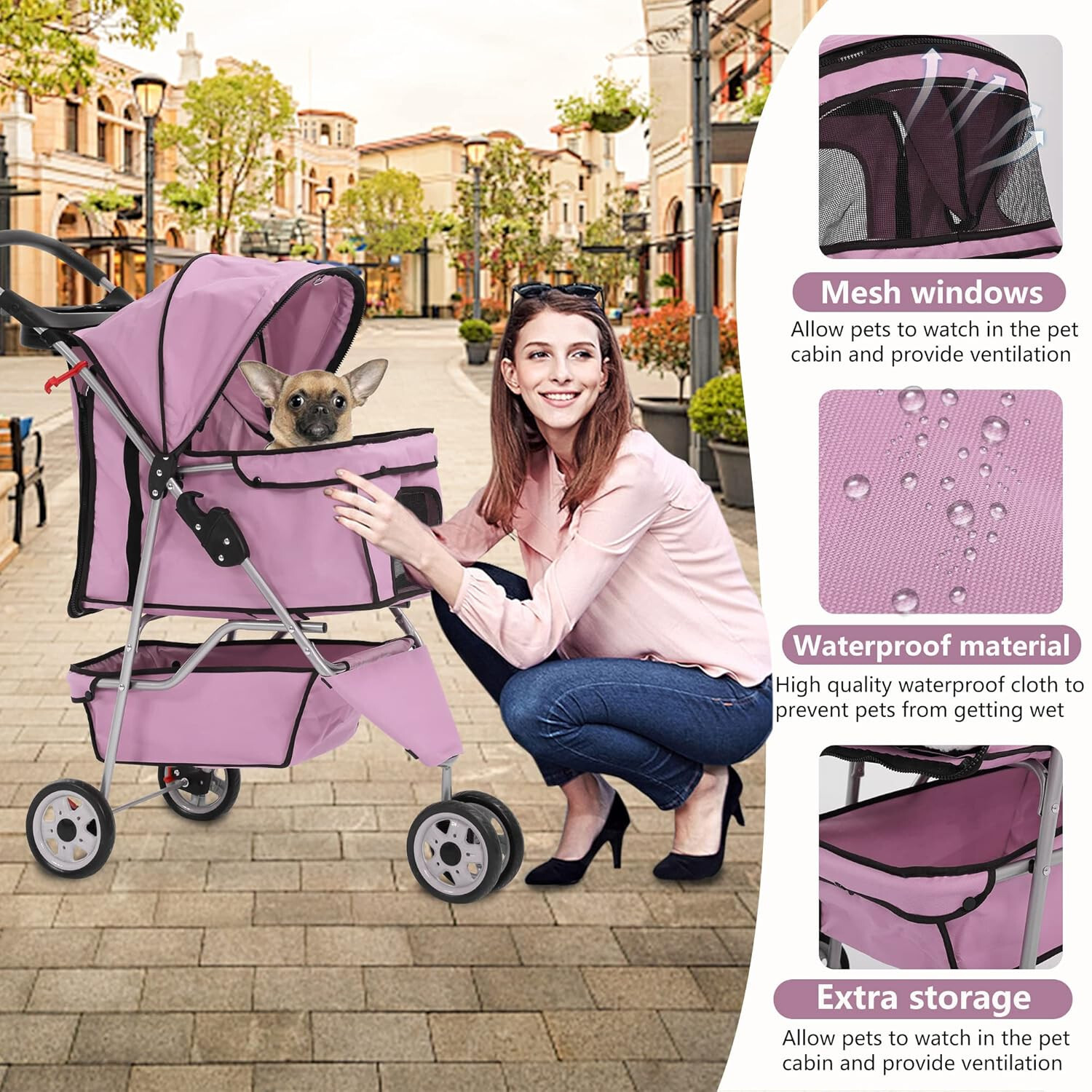 New Pink Pet Stroller Cat Dog Cage 3 Wheels Stroller Travel Folding Carrier