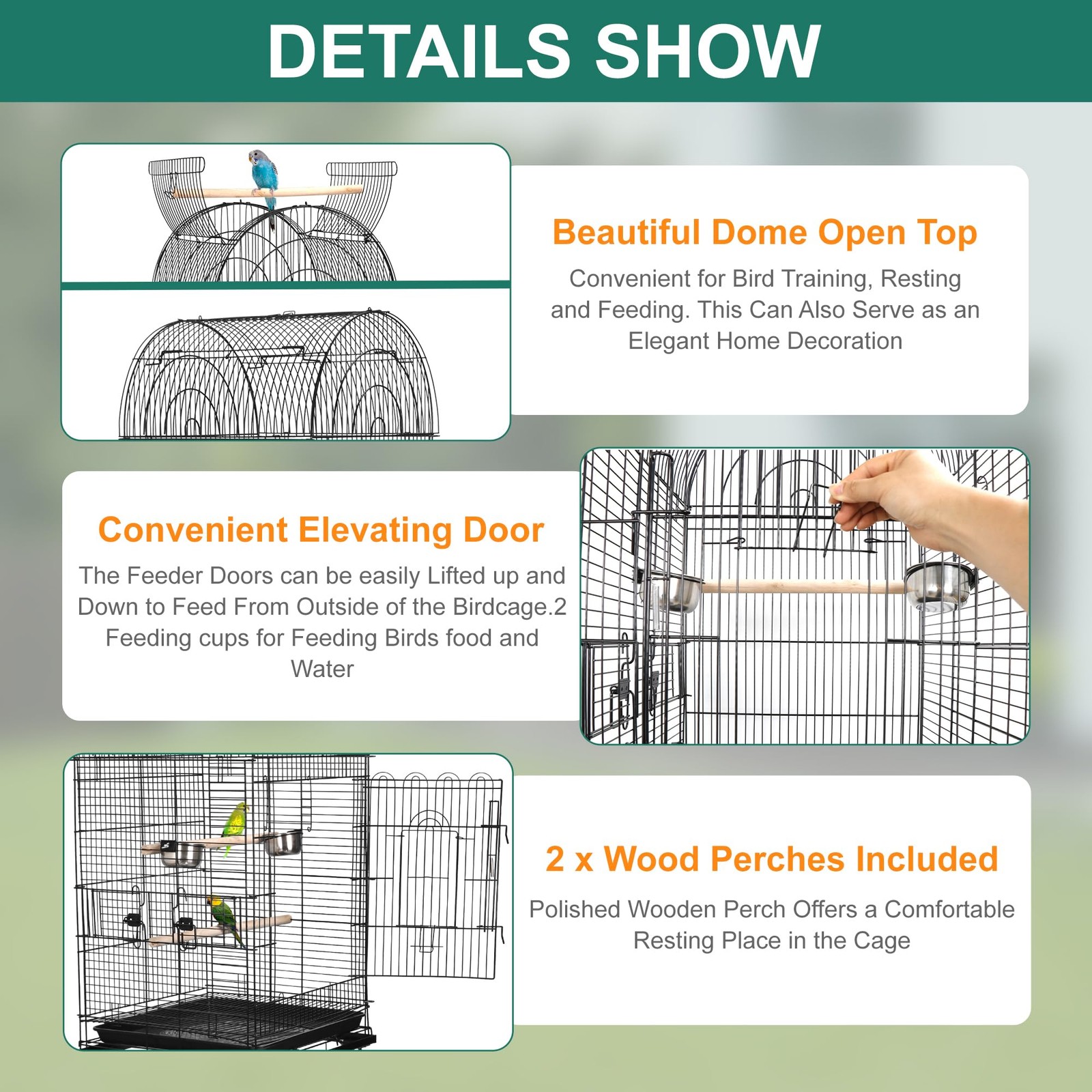 63.5 Inch Open-Top Wrought Iron Bird Cage with Slide-Out Tray and Rolling Stand