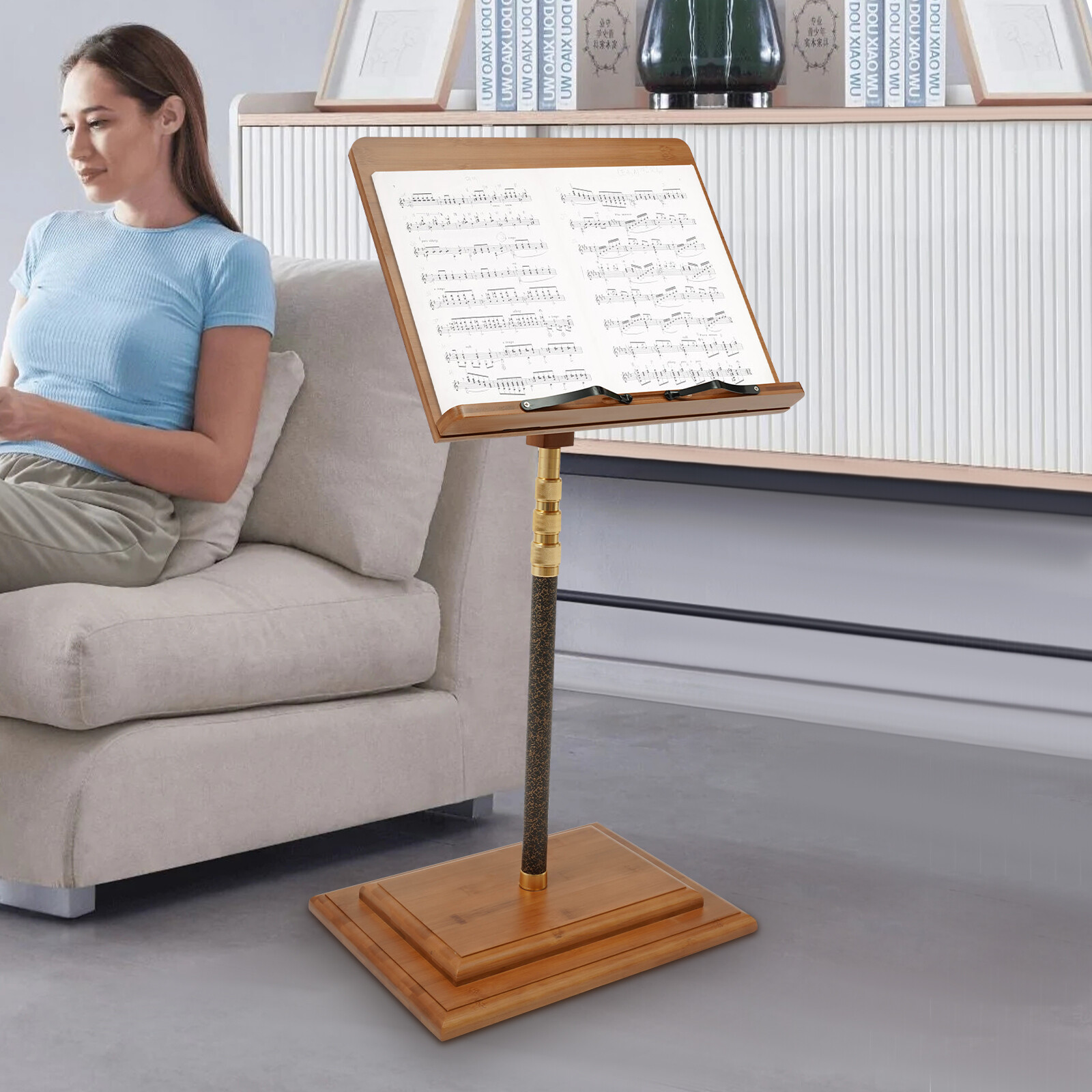 Musician's Bamboo Music Stand for Sheet Music Portable & Height-Adjustable Shelf