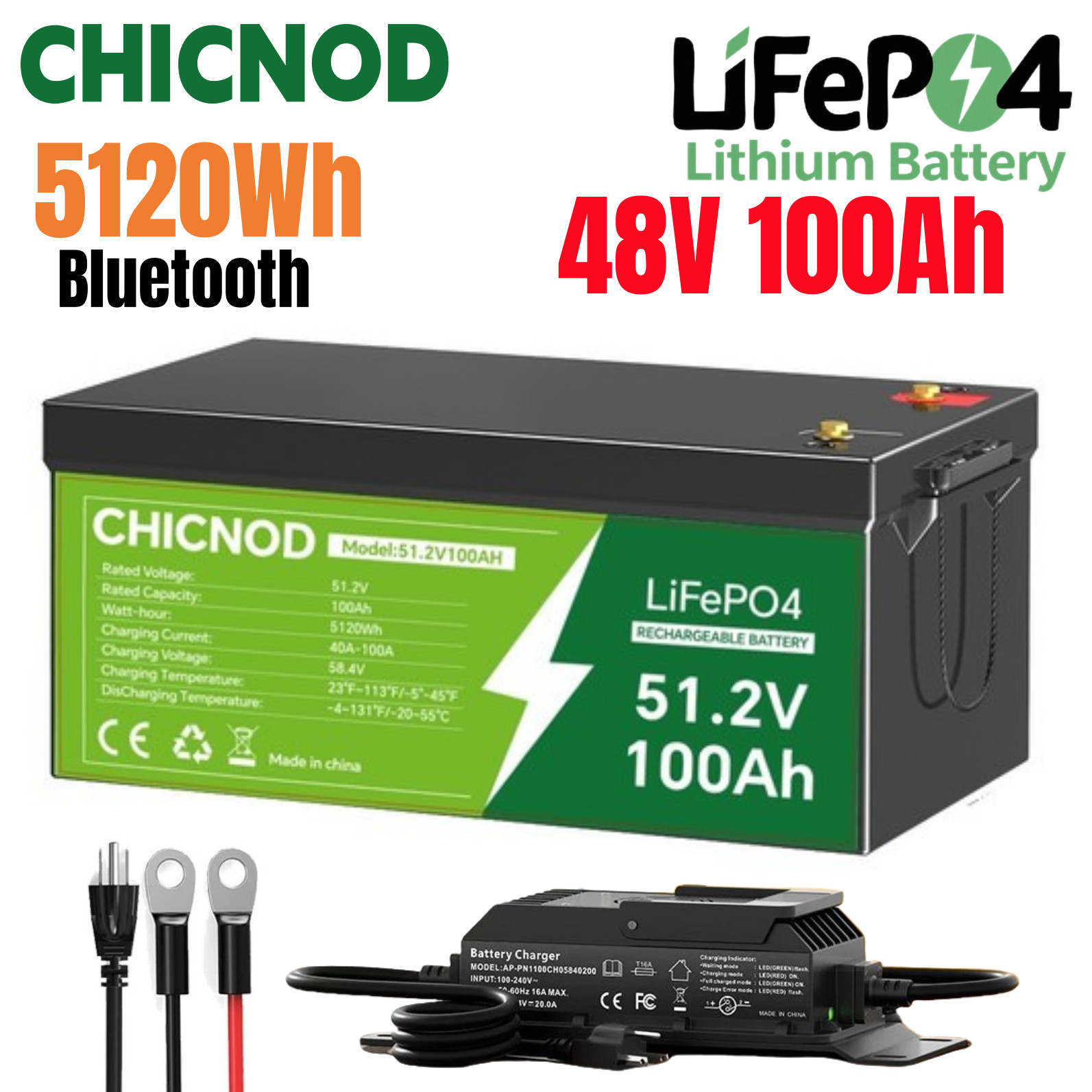 48V 100Ah LiFePO4 Lithium Battery Bluetooth BMS with Charger For RV Golf Carts