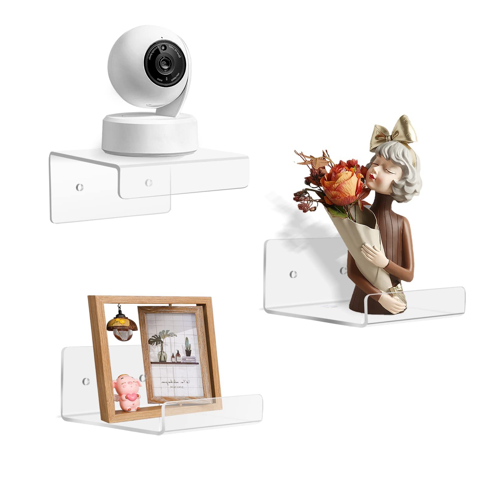 3 Pack Acrylic Small Floating Shelf for Wall Storage,4'' Clear Mini Adhesive She