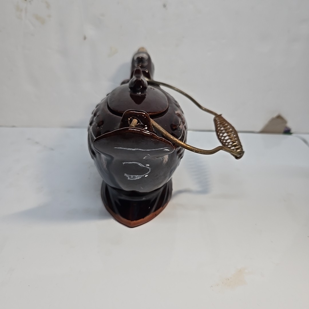 Vintage 1950's Redware Bird Shaped Teapot with Metal Spirl Handle 10in Long