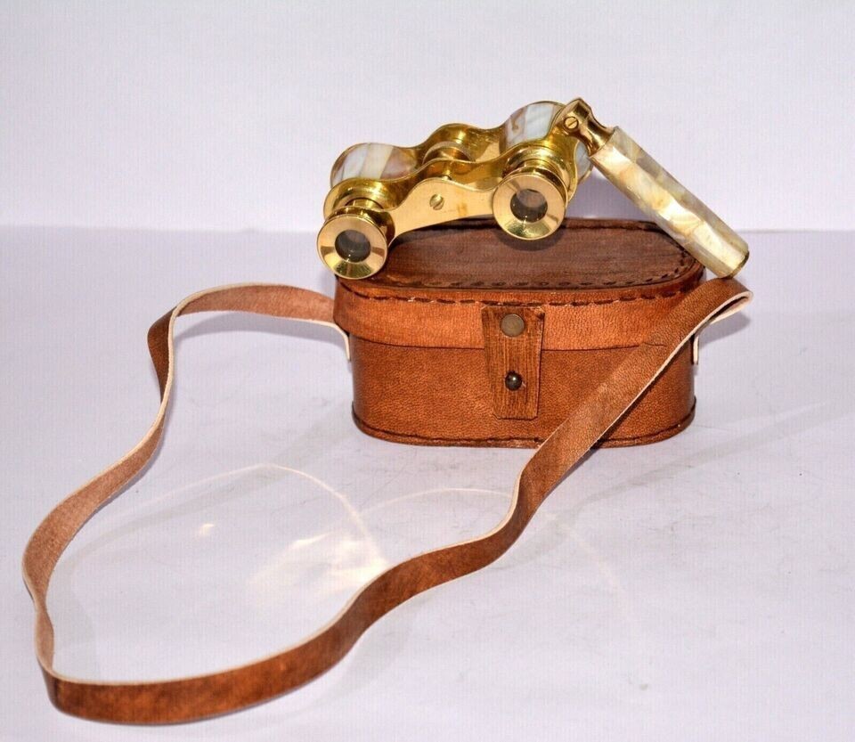 Antique Vintage Opera Glasses Binoculars White Mother of Pearl & Handle Brass