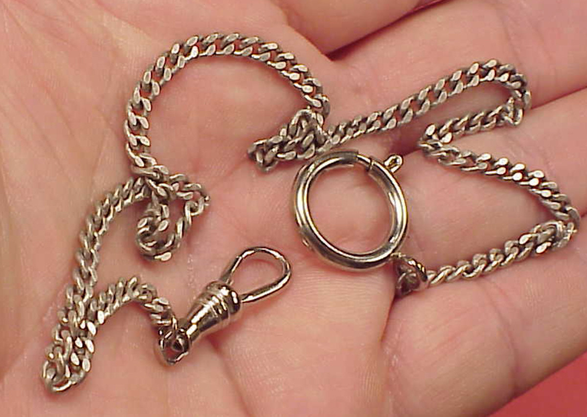 Vintage Antique Silver PLated Fine Curb Link Mans Pocket  Watch Chain 14  inch