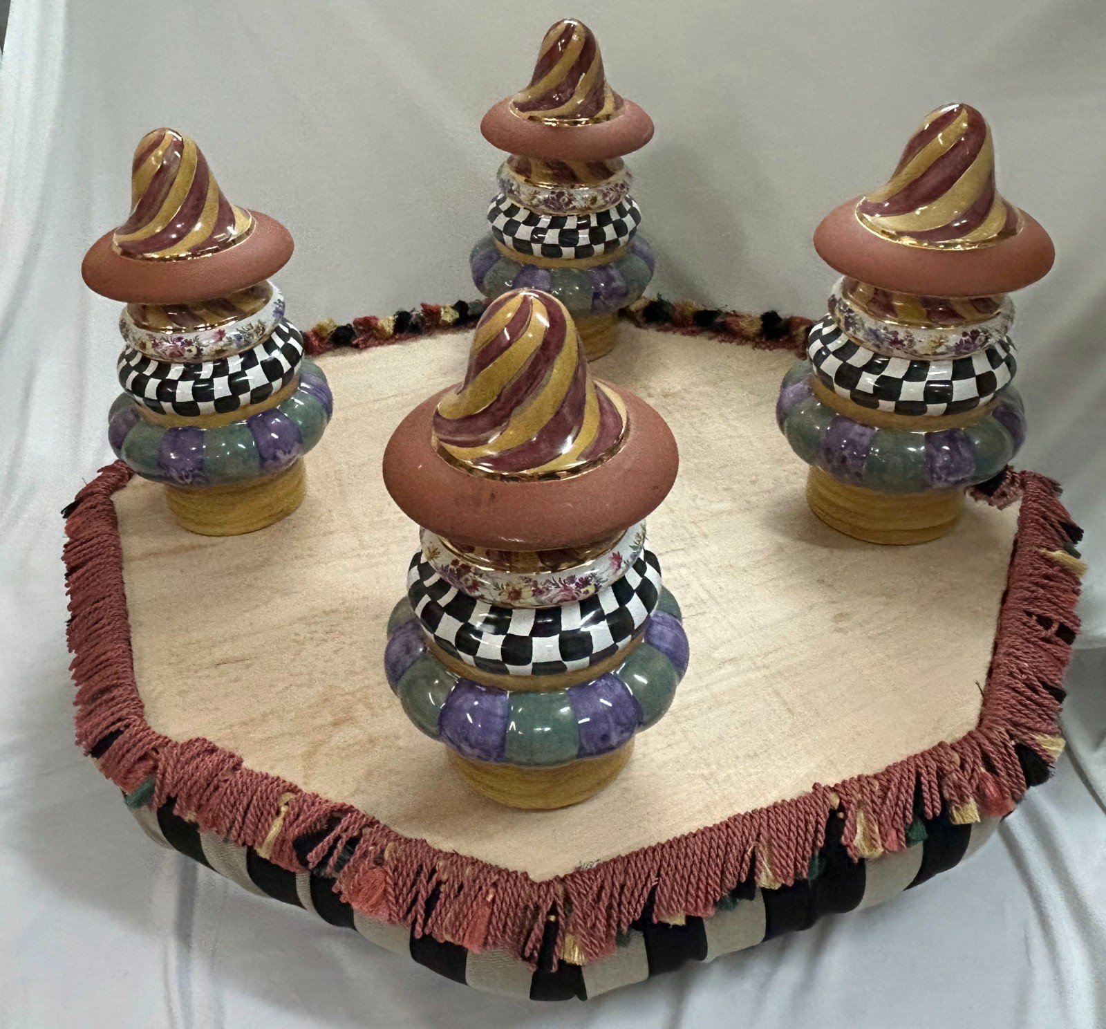 Mackenzie-Childs On Wall Street Ottoman Black & Beige w/Hand Painted Legs - NICE