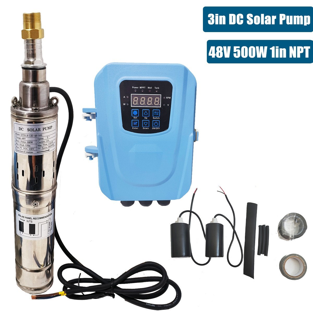 3" Solar Pump Submersible Pump Bore DC 48V 500W Deep Well Pump + MPPT Controller