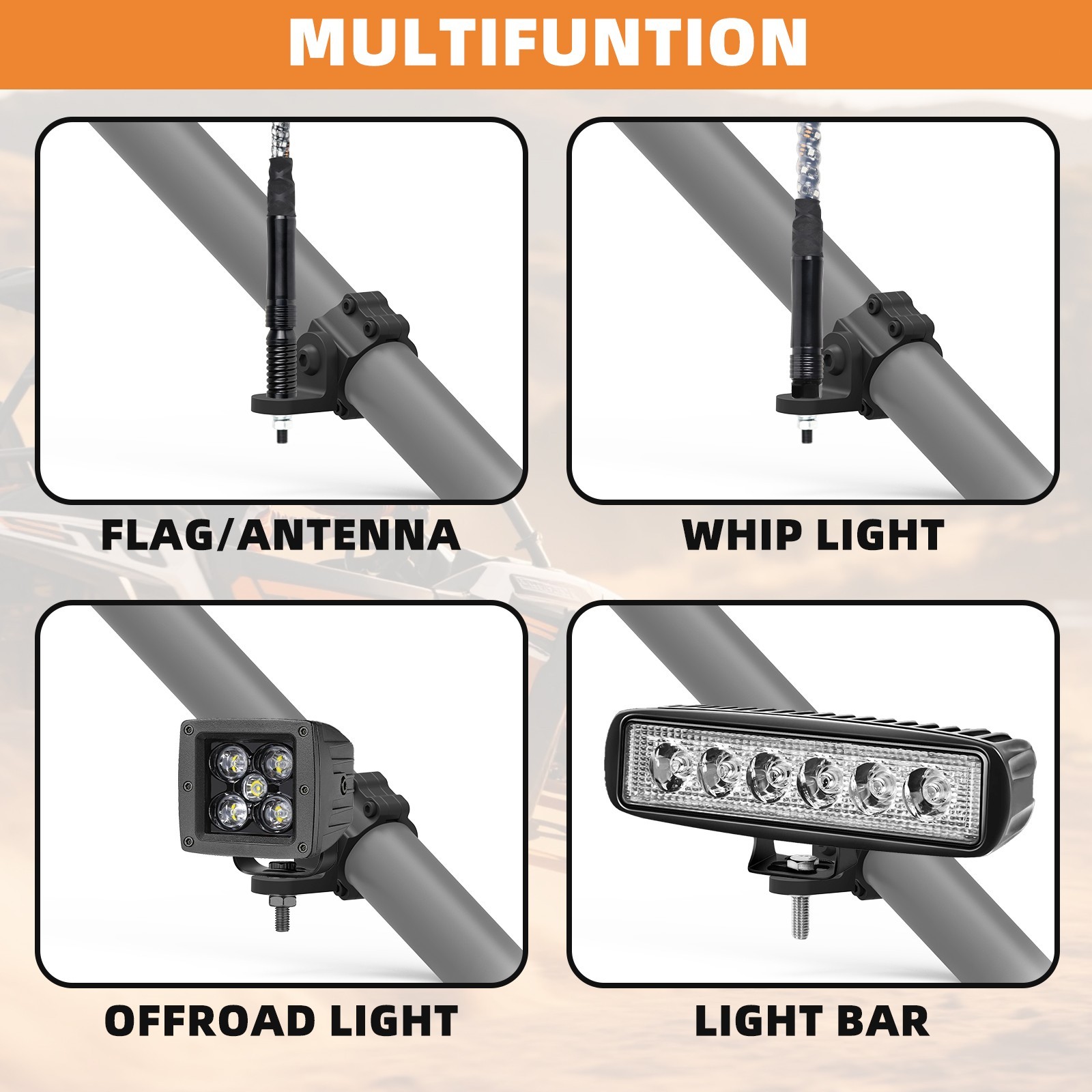 2PCS UTV ATV Whip Light Mount Flag Brackets 360°Adjustable For 1.65"-2" Roll Bar