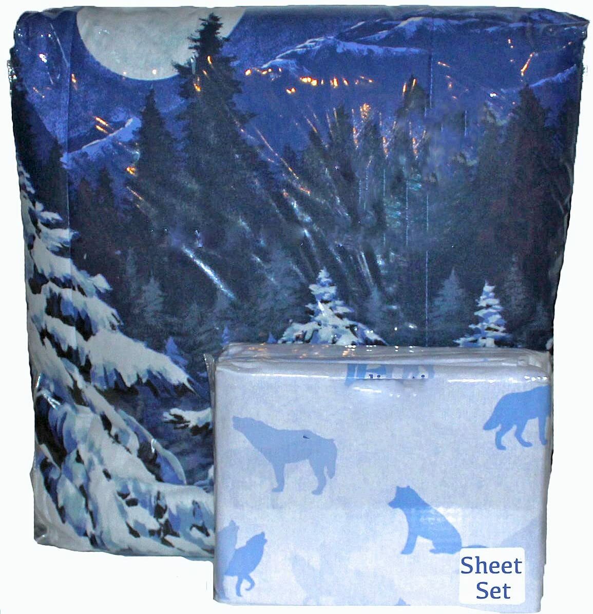 MIDNIGHT WOLVES Bed In Bag Howling Pack Wolf Bedding Blue Comforter & Sheet Set