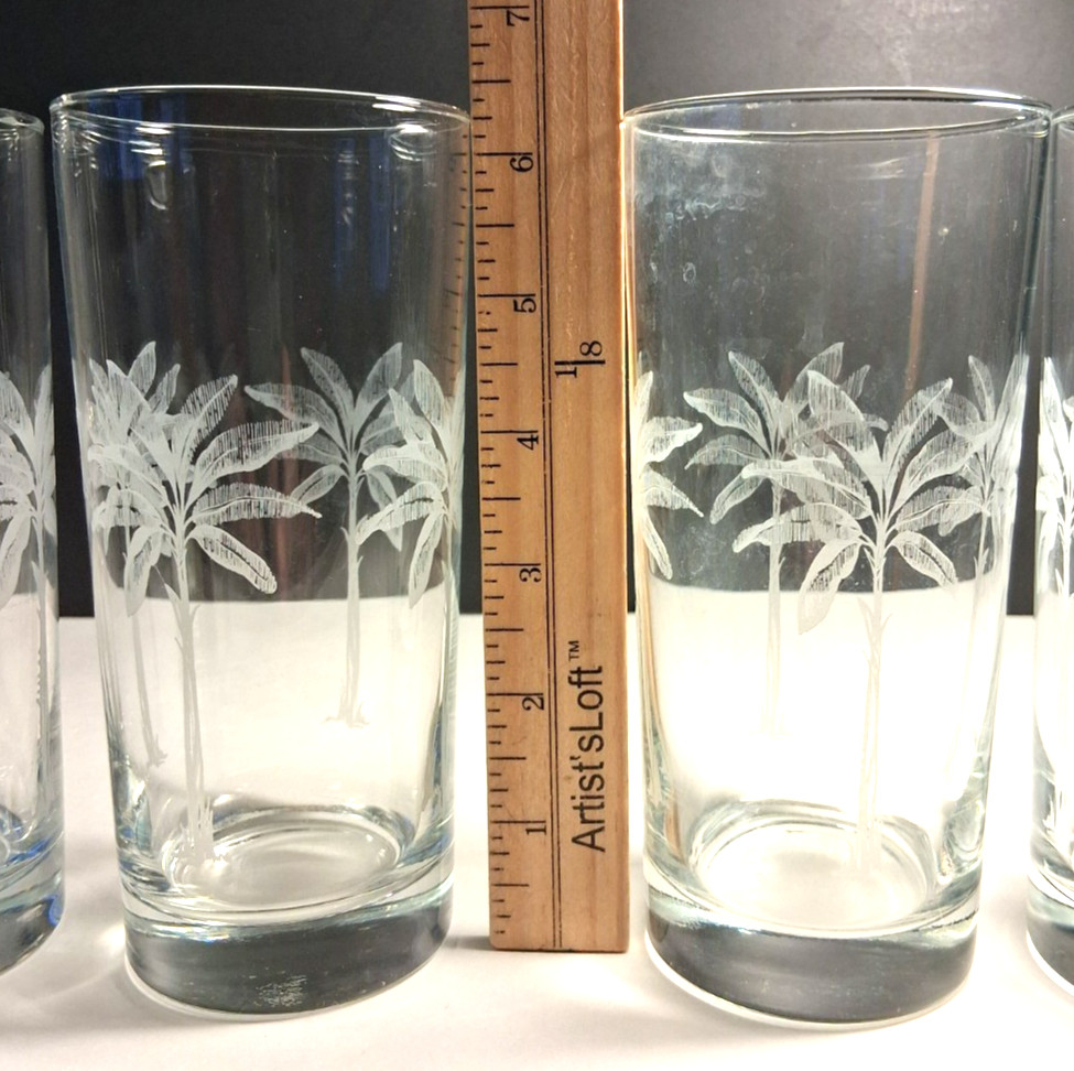 Tropical Beach Theme Glasses Set of 4 Palm Trees Retro 6-1/4" Tall 2 3/4" Dia.