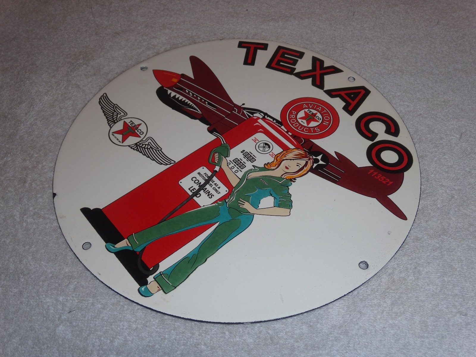 VINTAGE TEXACO AVIATION FEMALE MODEL WW2 AIRPLANE 11 3/4" PORCELAIN GAS OIL SIGN
