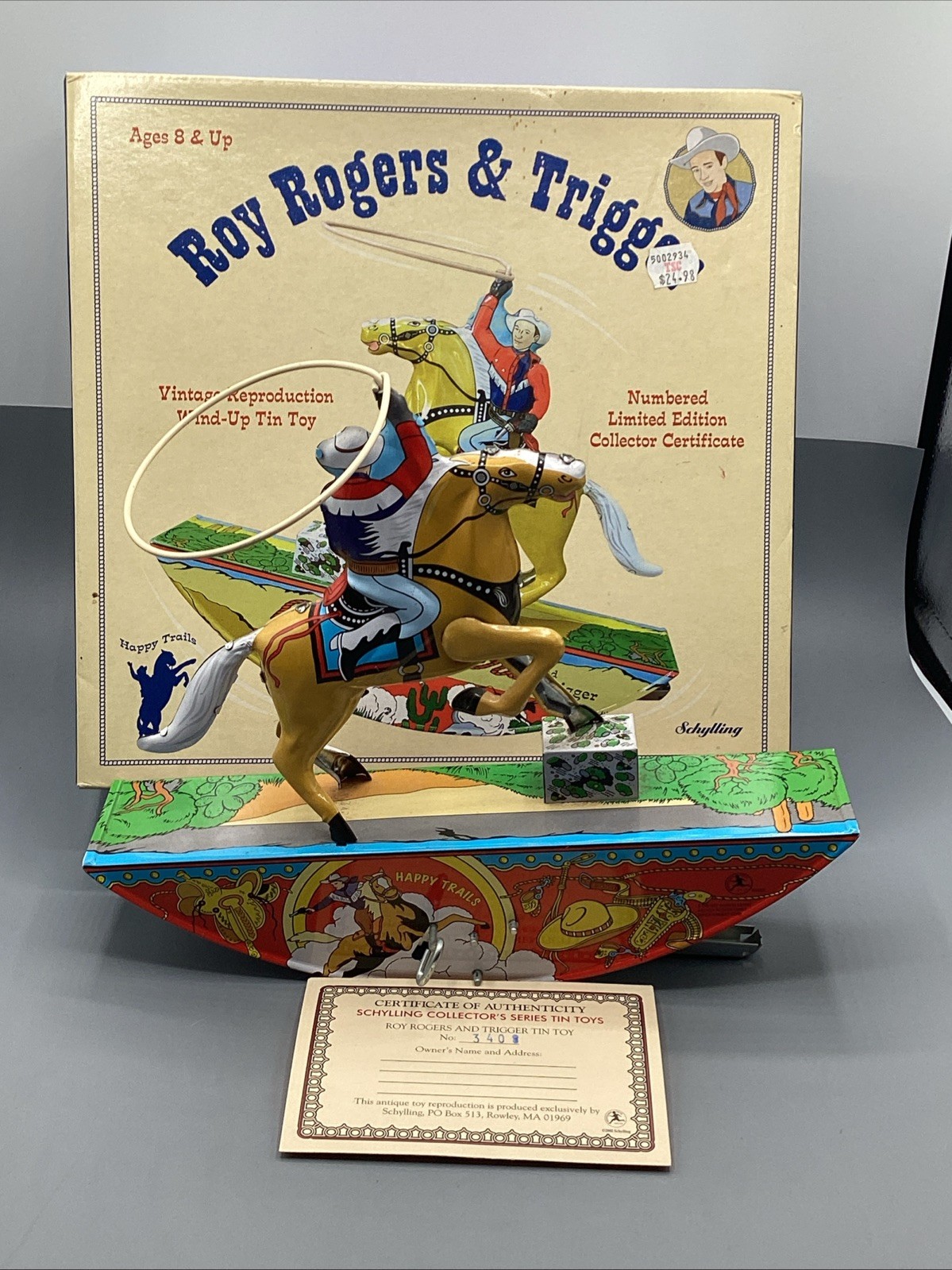 Schylling Vintage Reproduction Roy Rogers & Trigger Tin Wind-Up Toy W/Box
