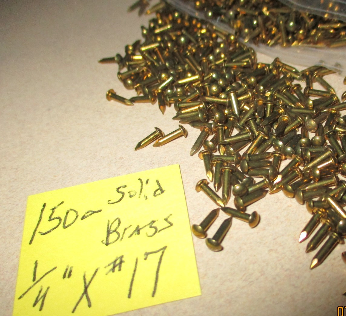 150--VINTAGE 1/4" X #17, SOLID BRASS BRAD NAILS, ROUND DOME HEAD ESCUTCHEON PINS
