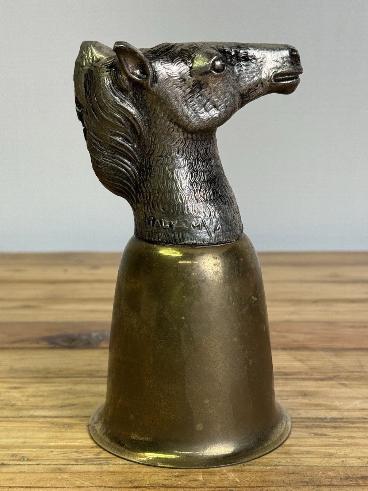 VINTAGE SIGNED MAURO MANETTI ITALY STIRRUP CUP HORSE HEAD BRASS AND SILVER PLATE