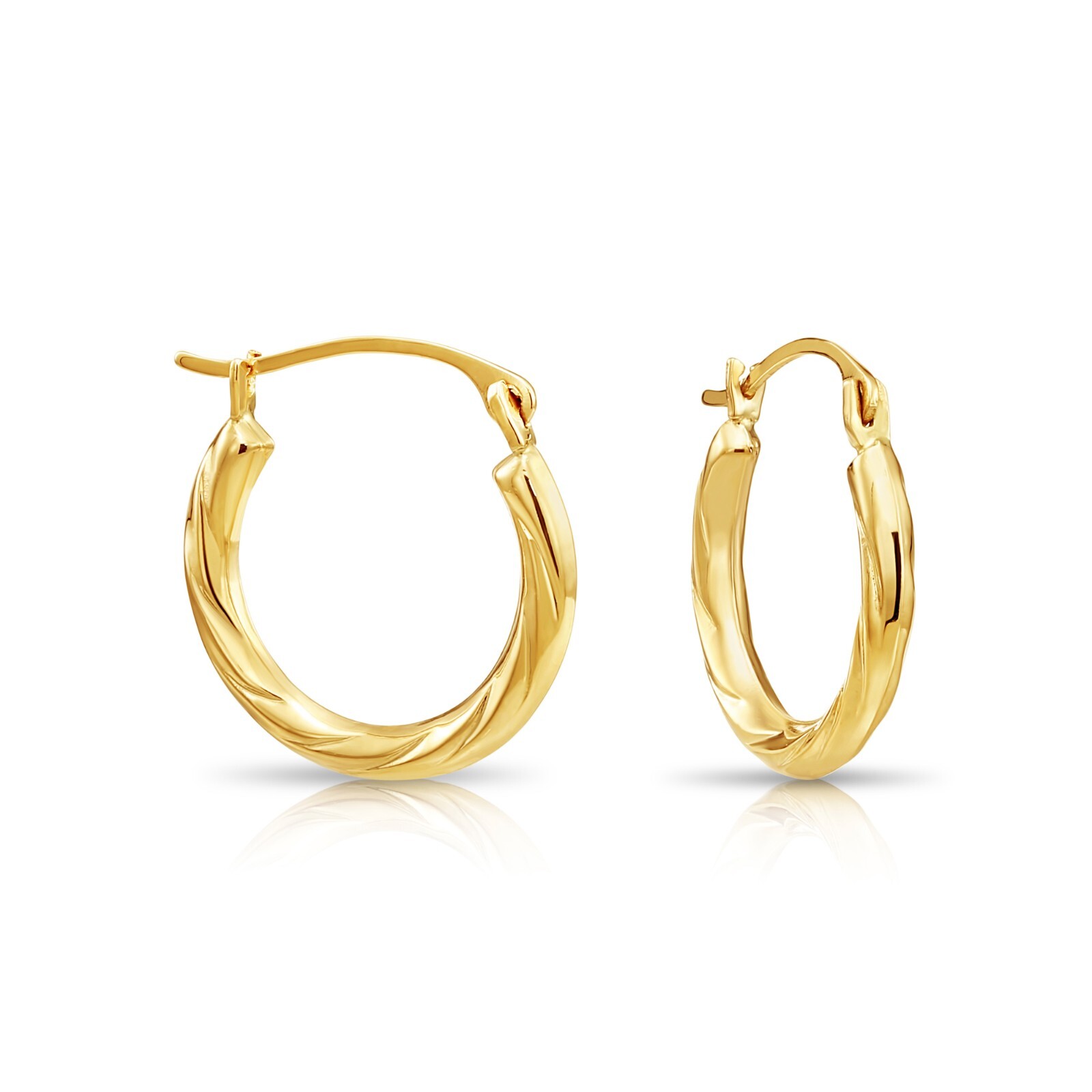14K Real Solid Yellow Gold Twisted Round Creole Hoops Earrings Small Size 15MM
