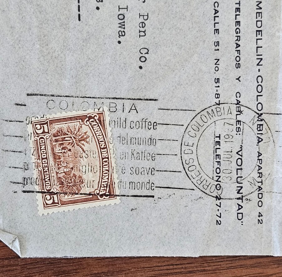1937 Colombia to USA Envelope 5c Libreria Voluntad slogan cxl to Ft. Madison, IA