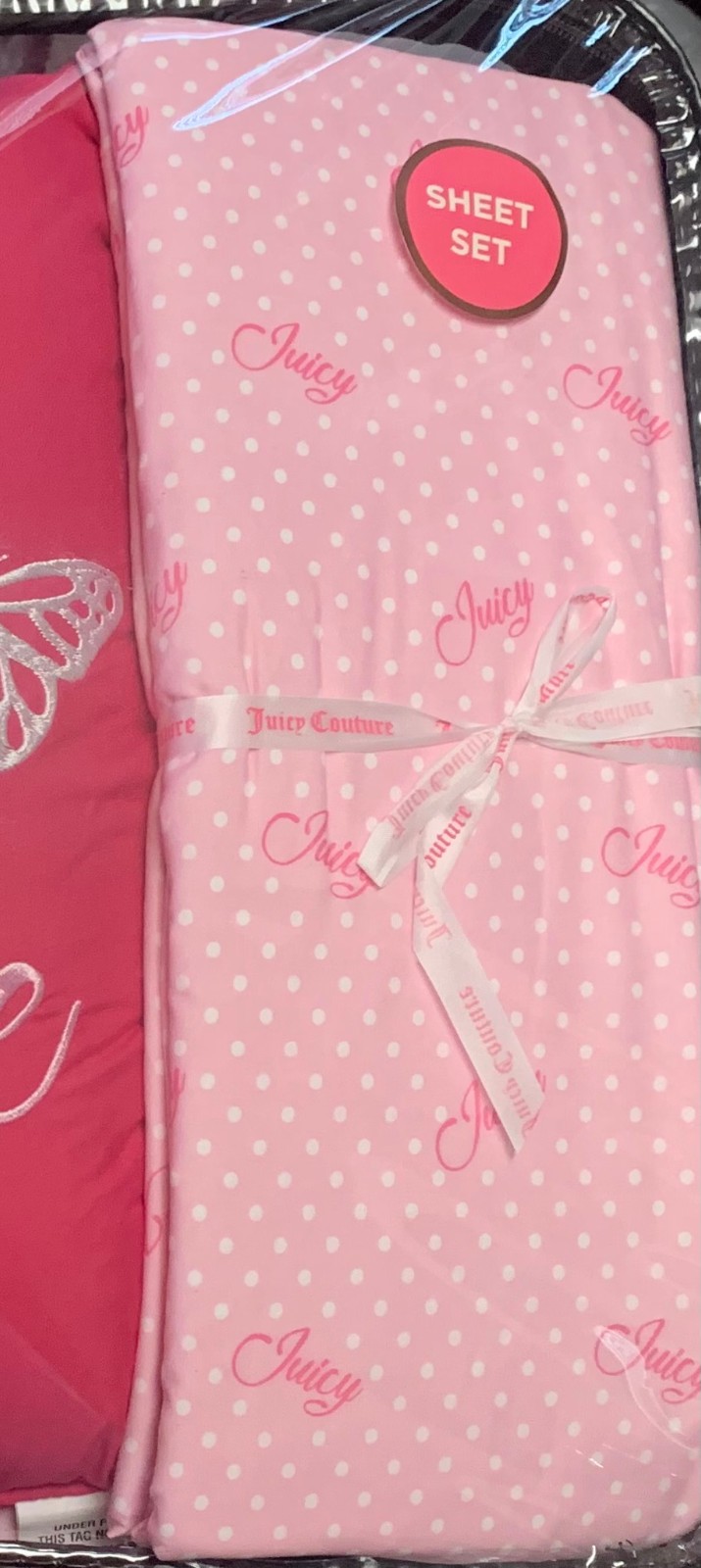 Juicy Couture Pink w/Roses & Butterflies QUEEN Set Comforter,Shams,Sheets,Pillow