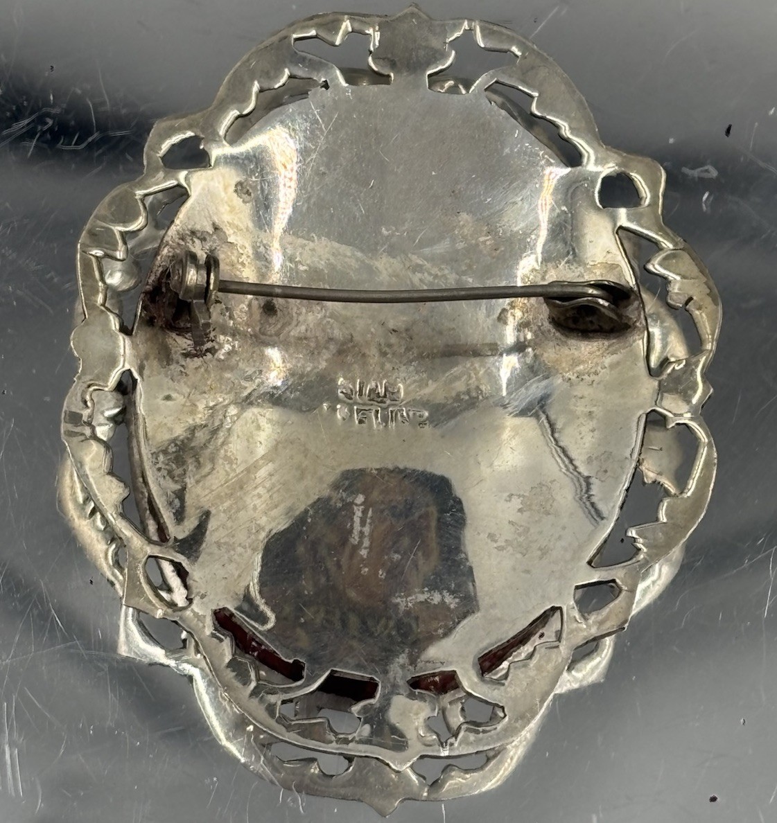 Vintage Siam 925 Sterling Silver Niello Red Enamel Temple Brooch