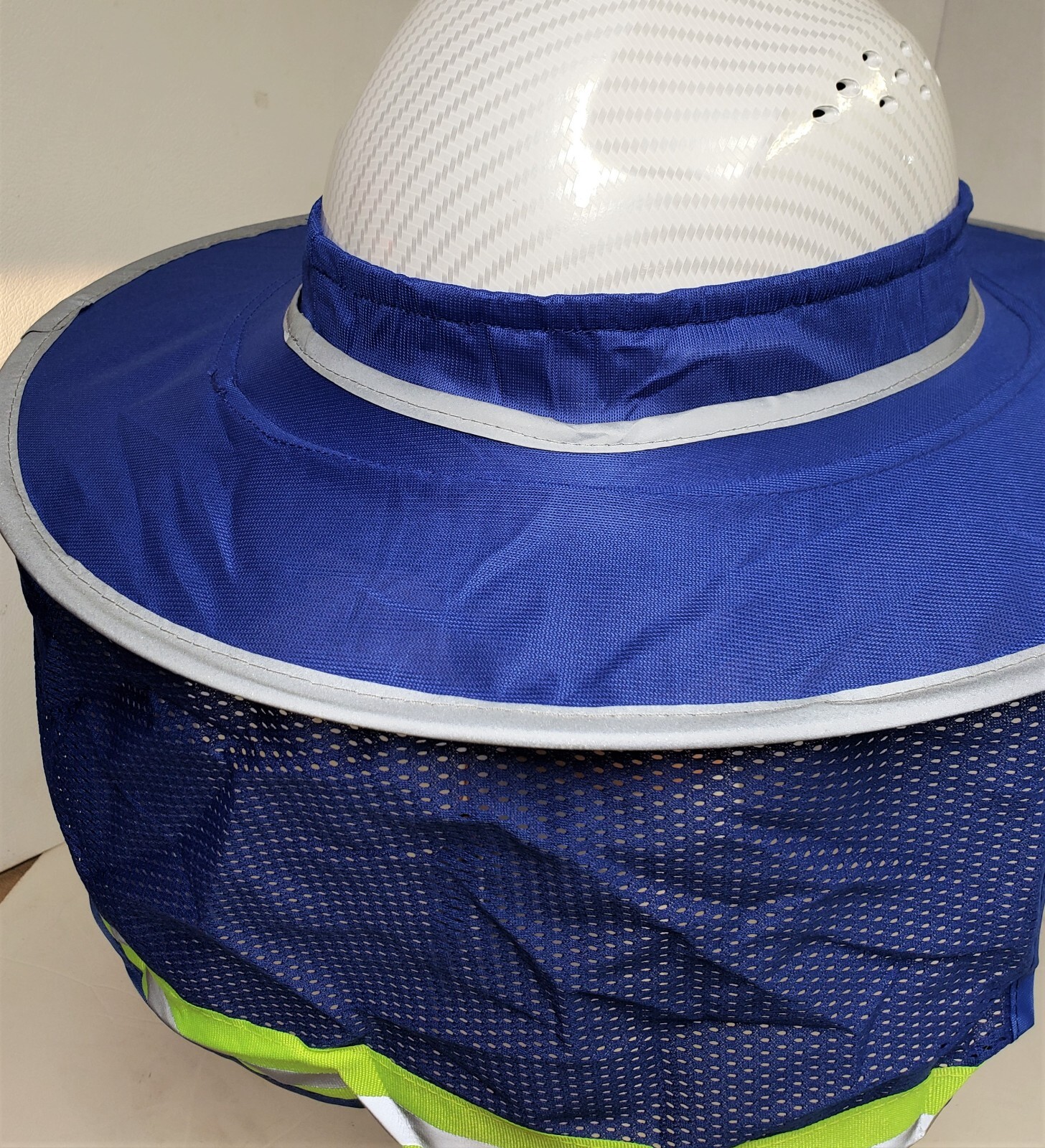 BLUE Hard Hat Sun Shade Visor Full Brim Mesh Neck HI VIS REFLECTIVE STRIPE