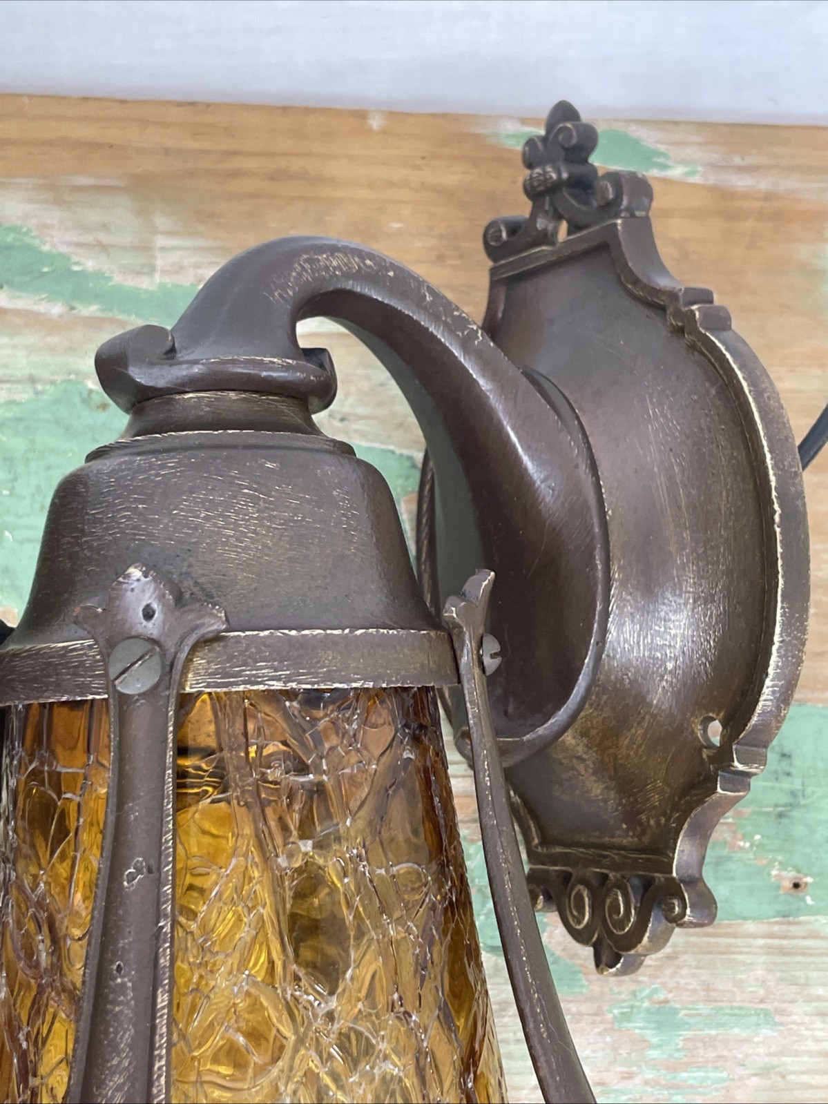 RESTORED Pair Antique Vtg Tudor Arts Crafts Wall Sconces Amber Glass Porch Light
