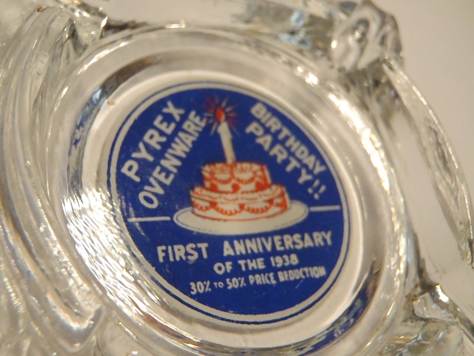 VERY RARE 1939 PYREX ORIGINAL ADVERTISING GLASS ASHTRAY BIRTHDAY PARTY ANNIV.