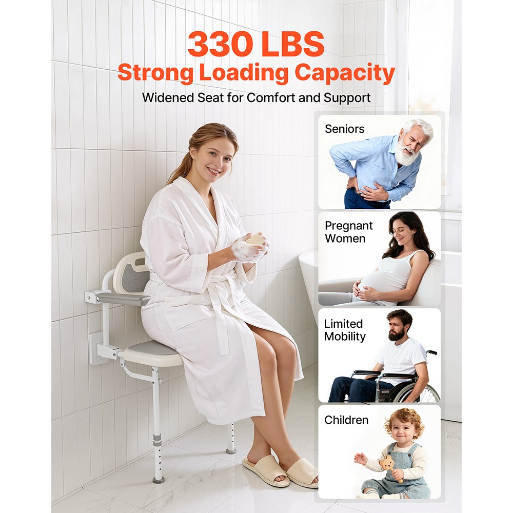 Uimoso Foldable Shower Chair Wall Mounted Shower Seat with Backrest & Armrest