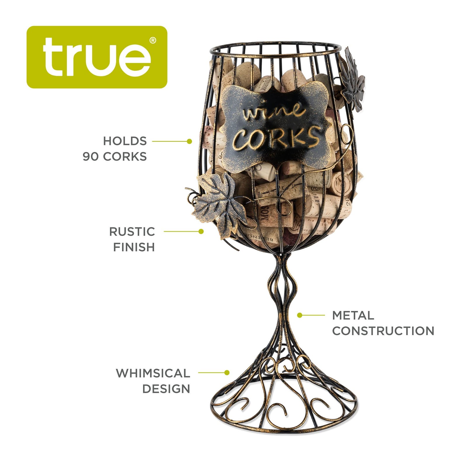 True Wine Glass Cork Holder, Decorative 13.75" H x 6" W,