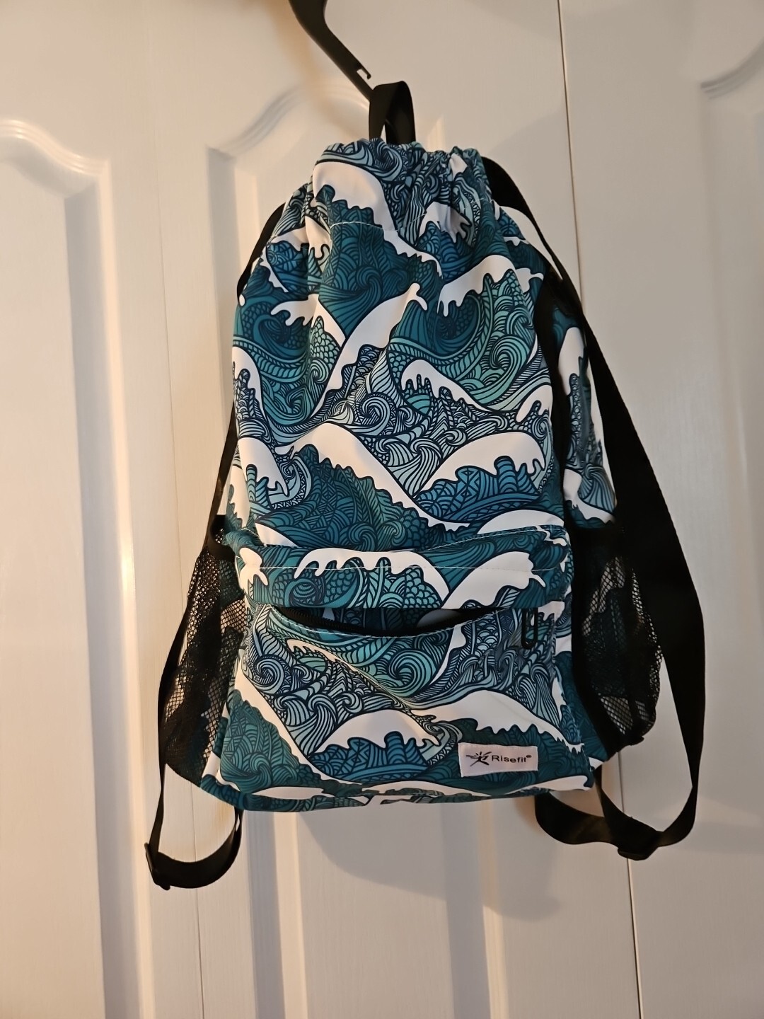 Risefit Drawstring Backpack with Mesh Pockets String Gym Bag Blue Waves