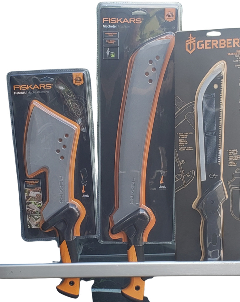 Brand new Fiskars and Gerber Lot of Machetes and Hatchet - 3 total with sheaths