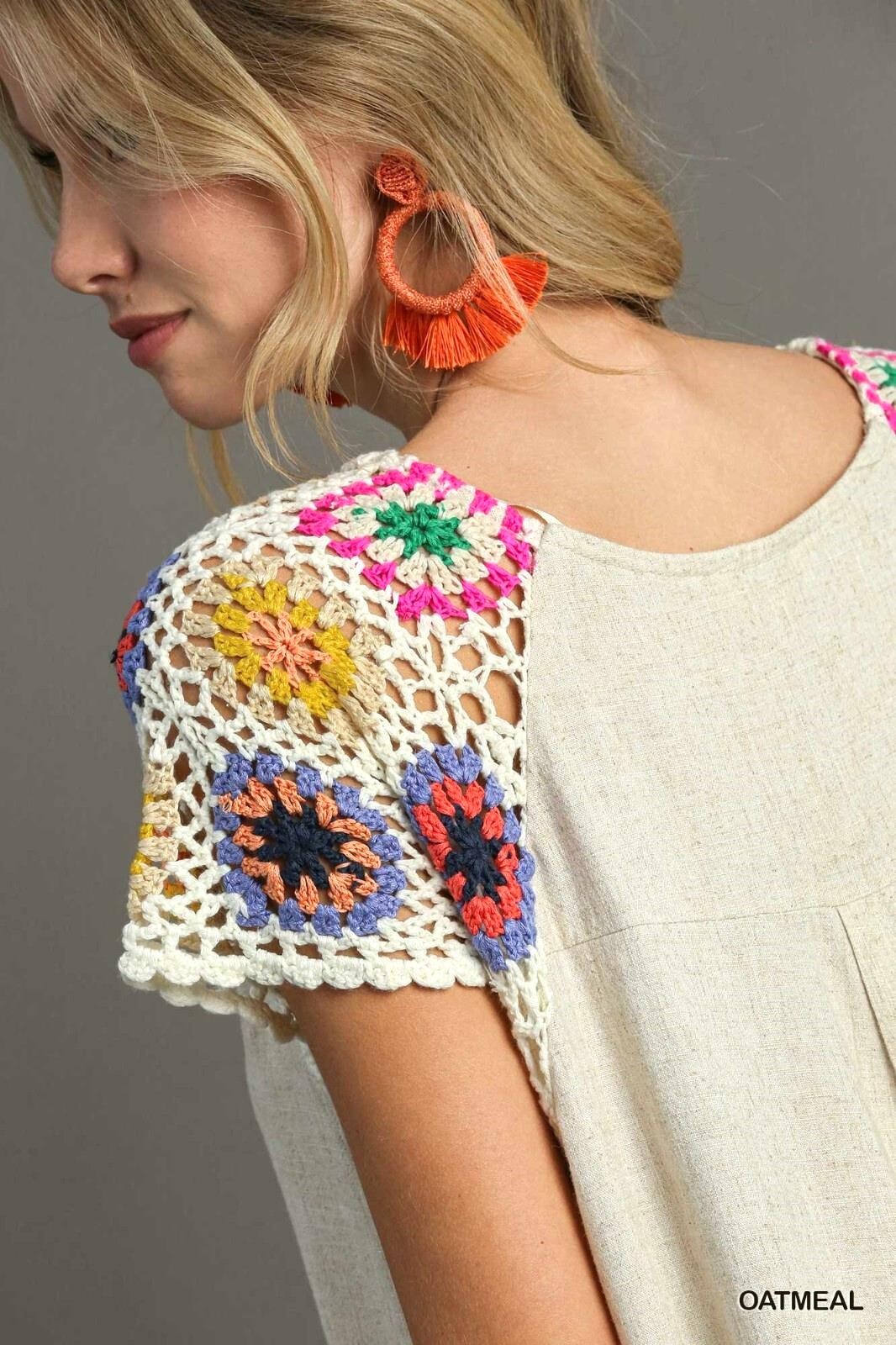 Umgee Oatmeal Linen Blend Short Crochet Sleeves High low Fishtail Hem Dress