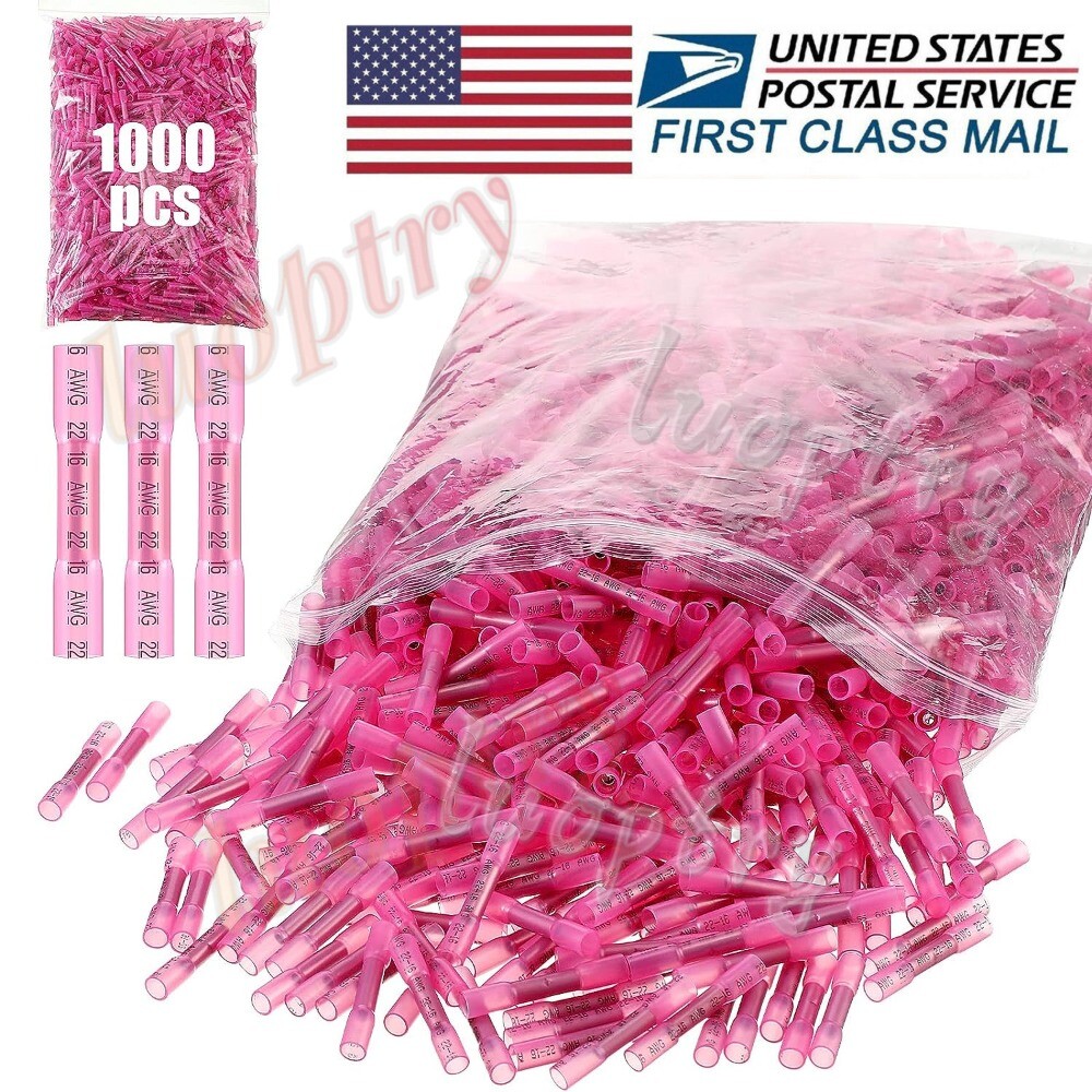 1000PCS Heat Shrink Waterproof Wire Connectors Red 22-16 AWG Butt Seal Terminals