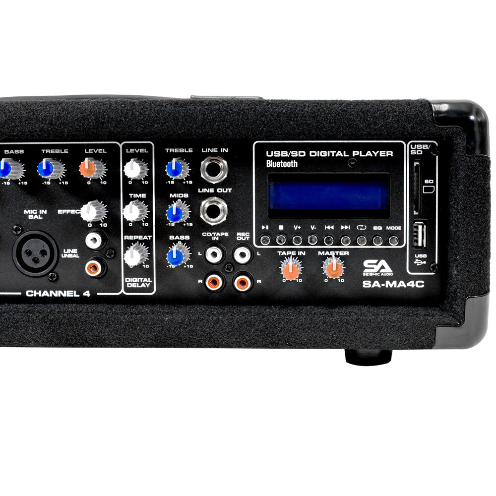 4 Channel 200 Watt Powered PA Head Mixer with Bluetooth Remote and Effects FX