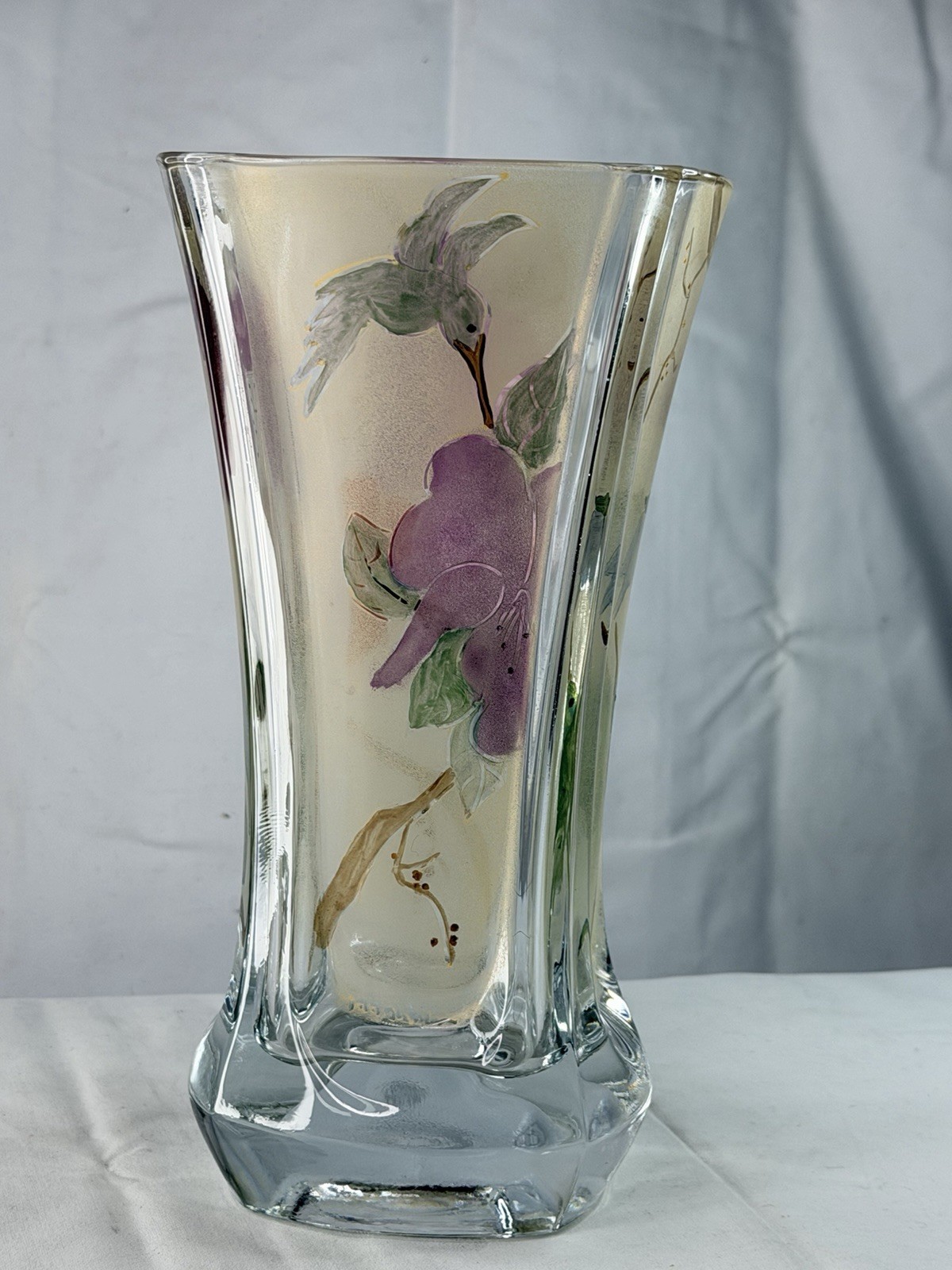 Miki Takachiho Signed Art Glass Vase Hummingbird Purple Floral Hand Painted 10"