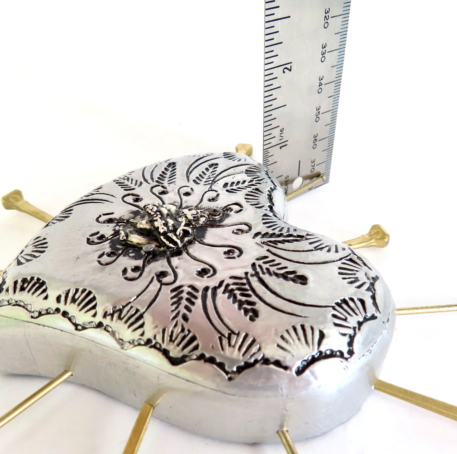 Milagros Sacred Heart Nails Wood Silver Embossed Handmade Mexican Folk Art 6H