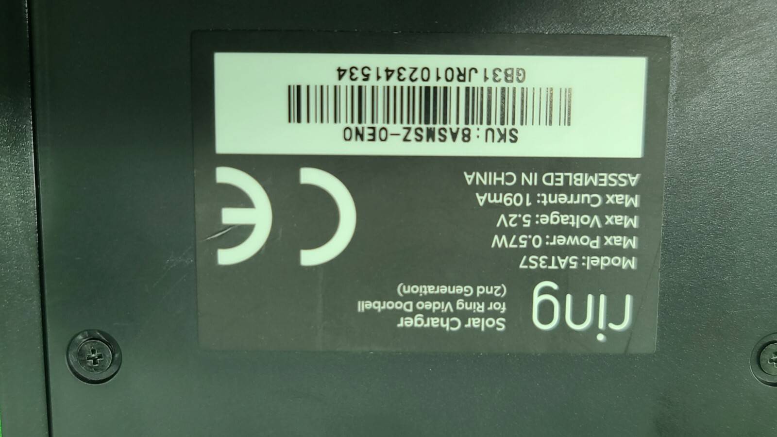 Ring 5AT3S7 Black Solar Charger Ring Battery Video Doorbell Micro USB