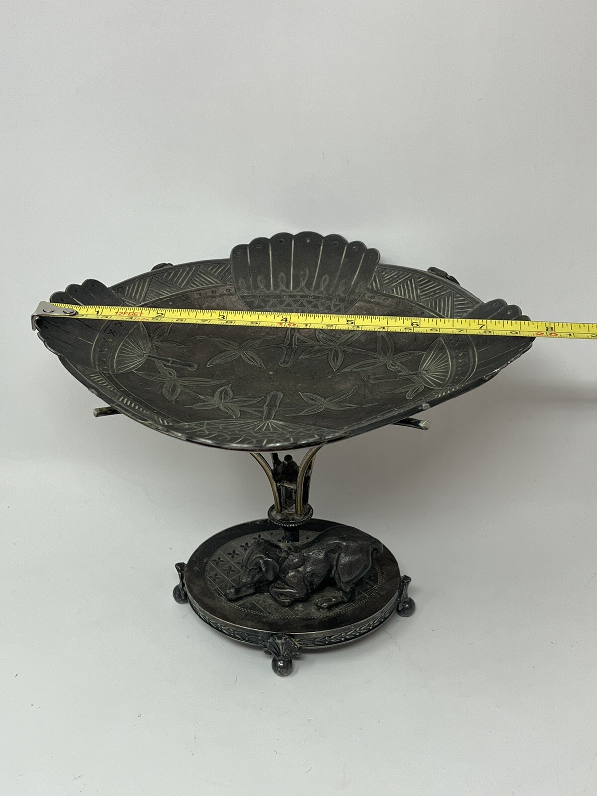 Antique Dog Figural Calling Card ? Silver Plate Tray Stand Simpson Hall Miller