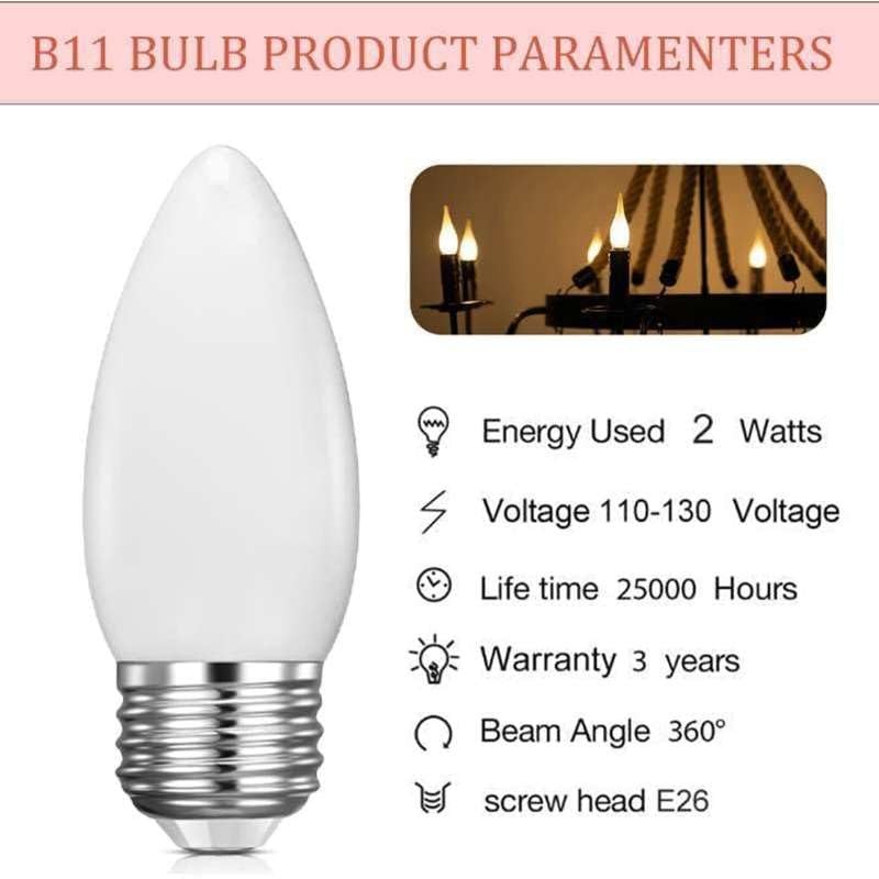 6 Pack E26 B11 LED Candelabra Bulbs，2W Dimmable Frosted Candle Light