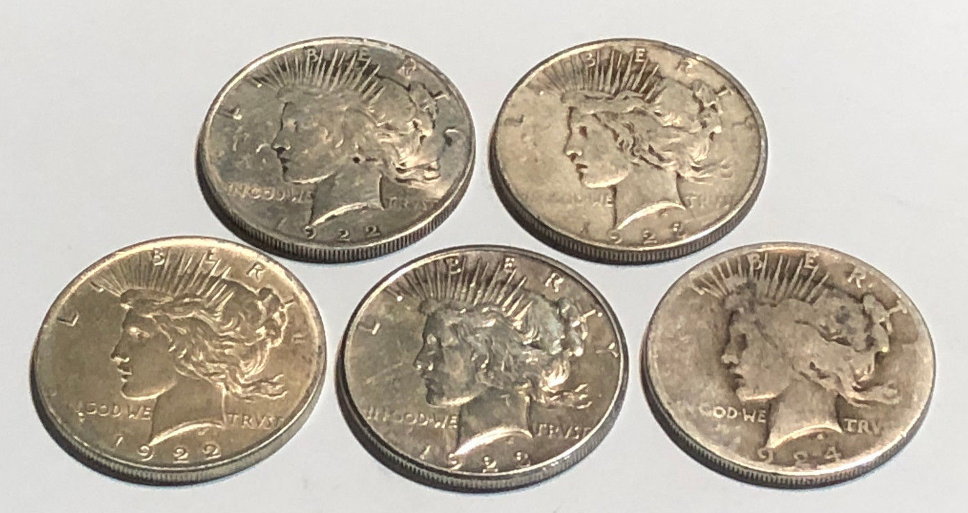 Lot of 5 Cull 1922-1935 US $1 Silver Peace Dollars, Mixed Dates & Mint Marks