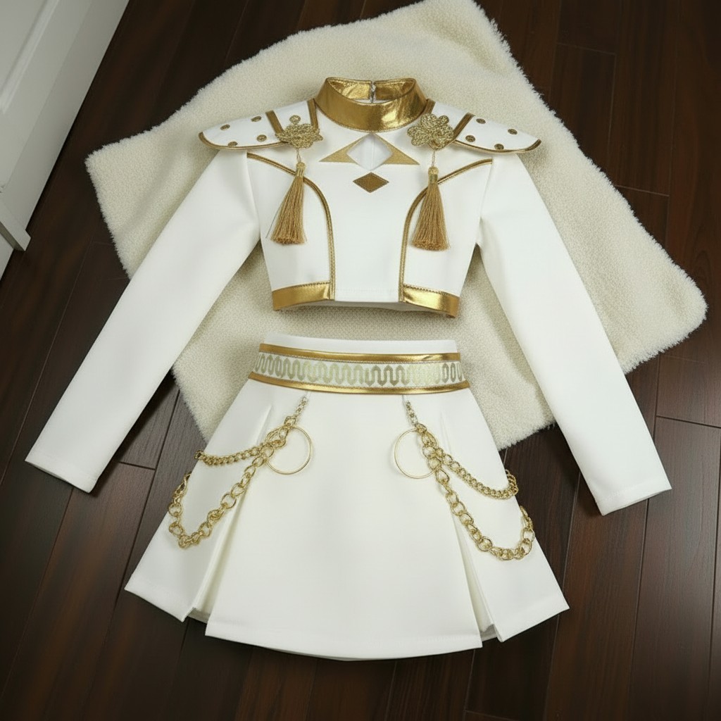 Girls K Pop Rumi Inspired Costume Set, White Gold, 3 Piece Kids Birthday Party H