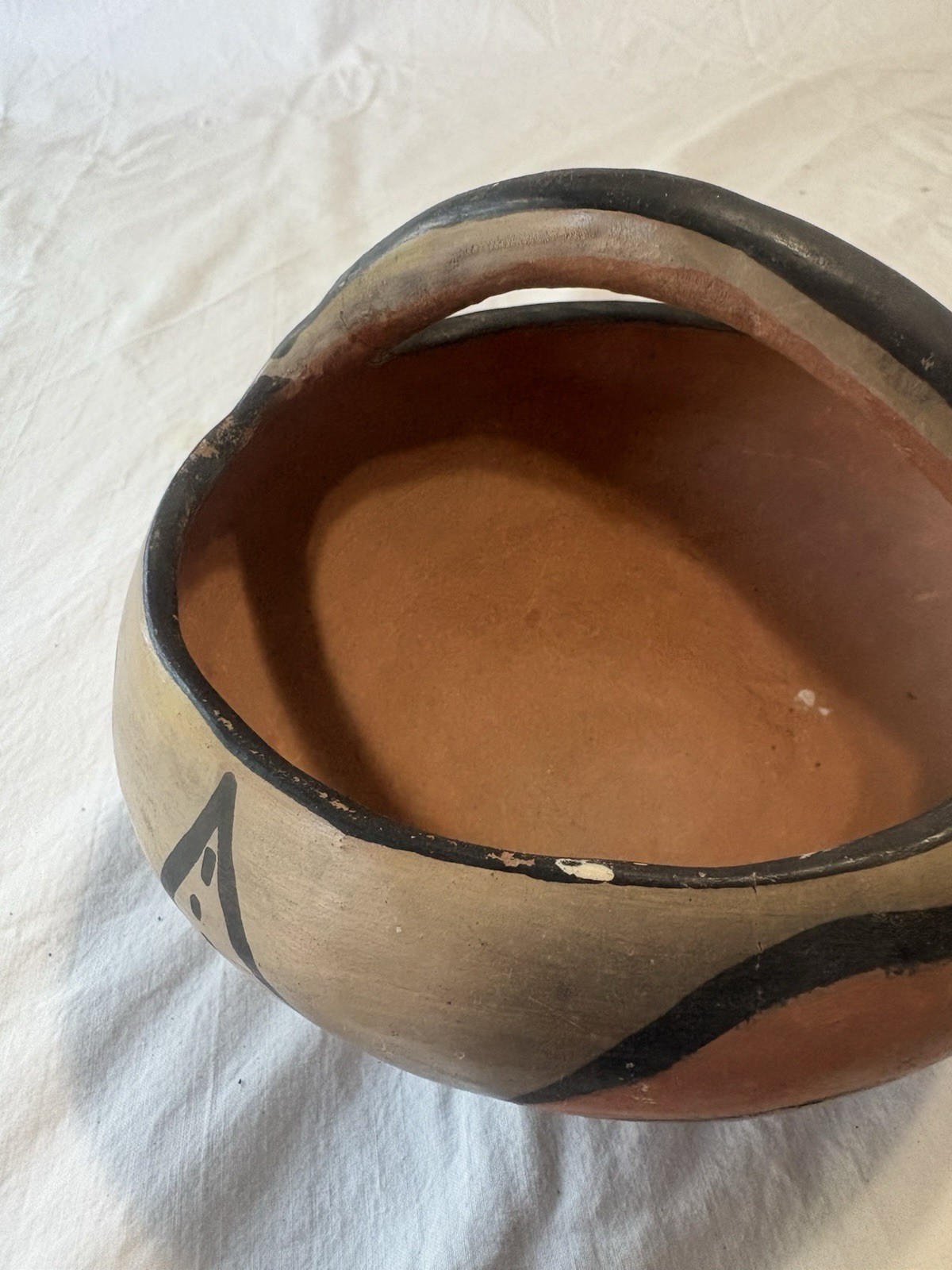 VINTAGE 1928 Santo Domingo Pueblo Pottery Handled Polychrome Basket Kewa 6"