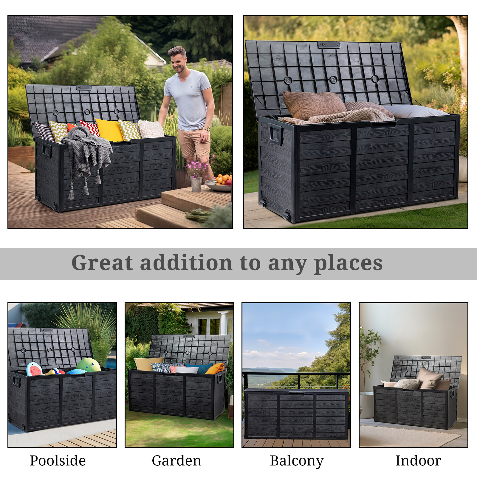 75 Gallon Outdoor Patio Storage Deck Box Garden Bench Weatherproof Resin Black