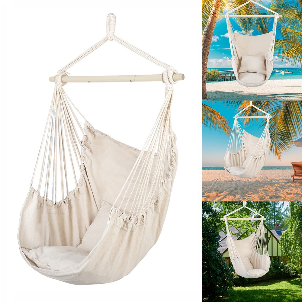 Swing Chair Hammock Hanging Rope Seat Portable Garden Patio Yard Porch +2*Pillow