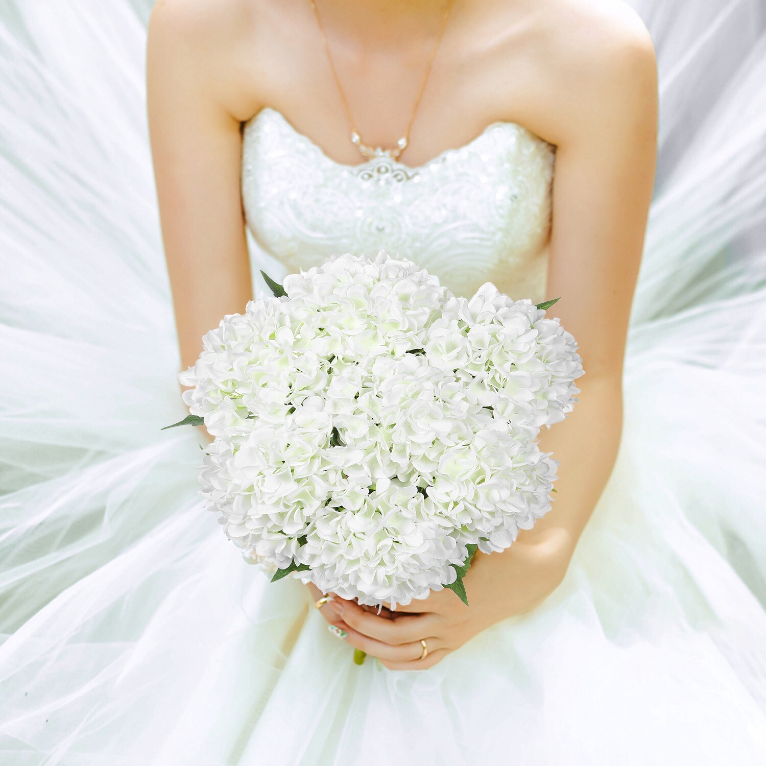 EZFLOWERY 5 Pcs Artificial Silk Hydrangea Flowers 18'' Bouquet Arrangement White